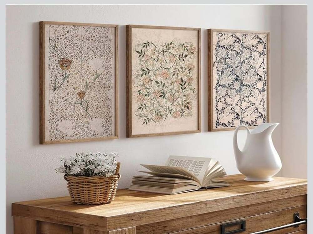 Framed 16x24x3 Vintage William Morris Wall Art Set of 3 Neutral Floral Botanical